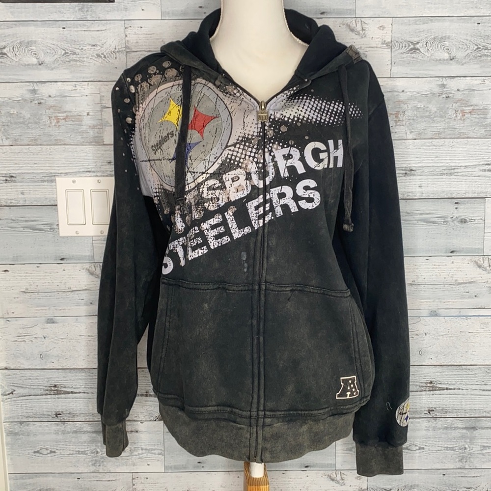 PITTSBURGH STEELERS DISTRESSED FULL ZIP HOODED SWEATSHIRT